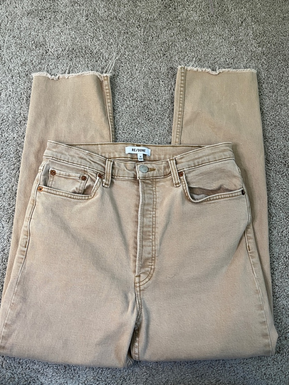 Re/Done Tan Ultra High Rise Stovepipe  Jeans Raw Hem Button Fly Size 29